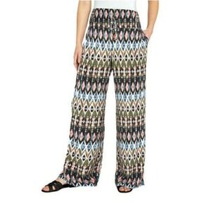 Peace & Pearls Womens Large Ikat Geometric Print‎ Wide Leg Smocked Palazzo Pants